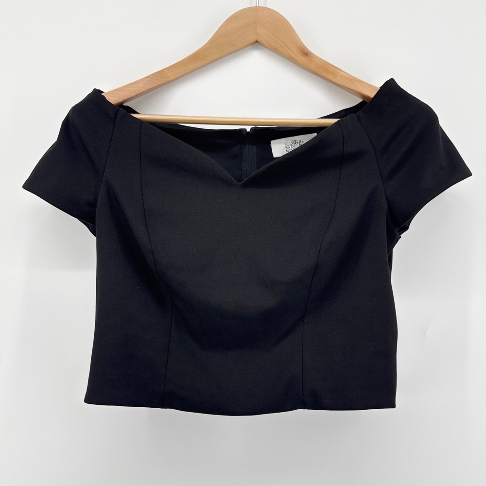 Belle Badgley Mischka Susanna Black Off Shoulder Cropped Top V-Neck Size 6